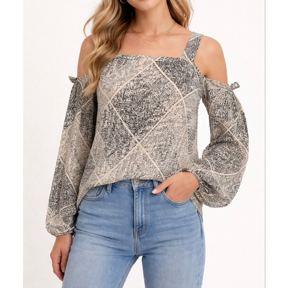 Juicy Couture Cold Shoulder Top M Black Ivory Geometric Diamond Blouse Flowy Y2K
